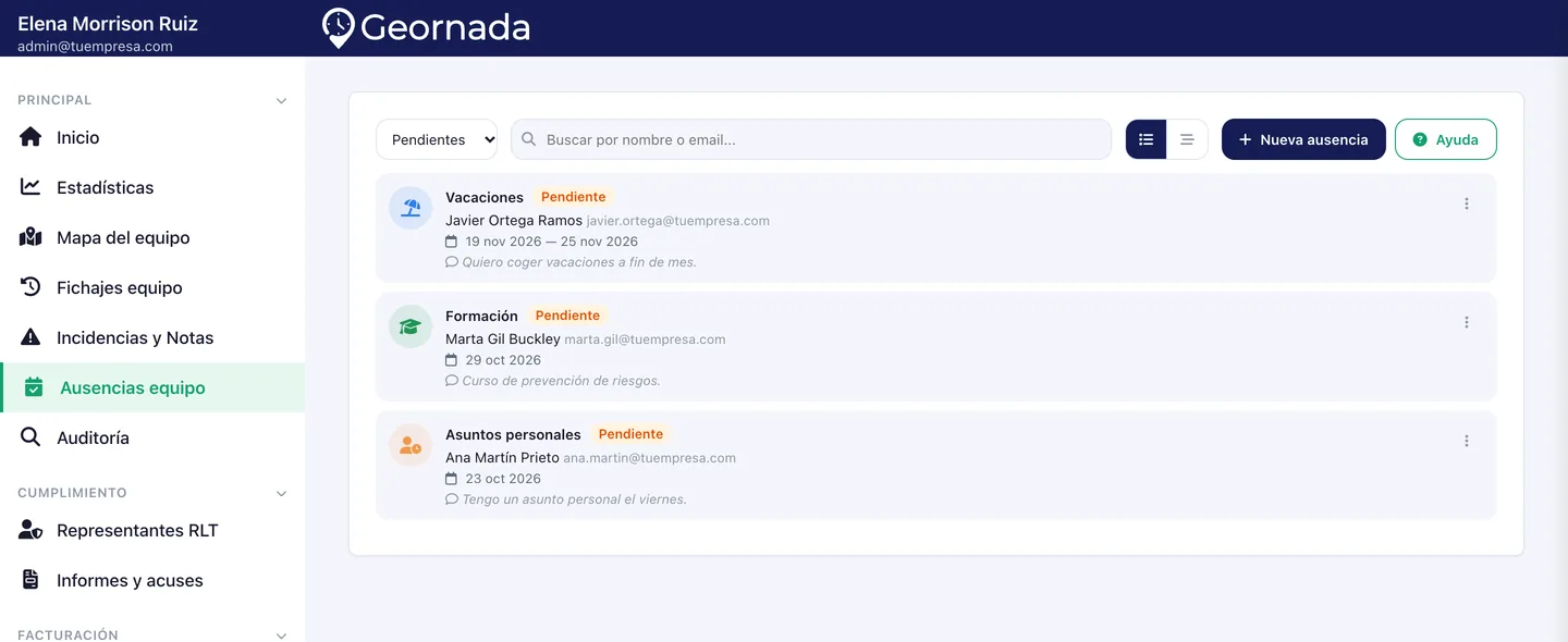 Solicitudes de ausencia pendientes de aprobar en el panel de Geornada