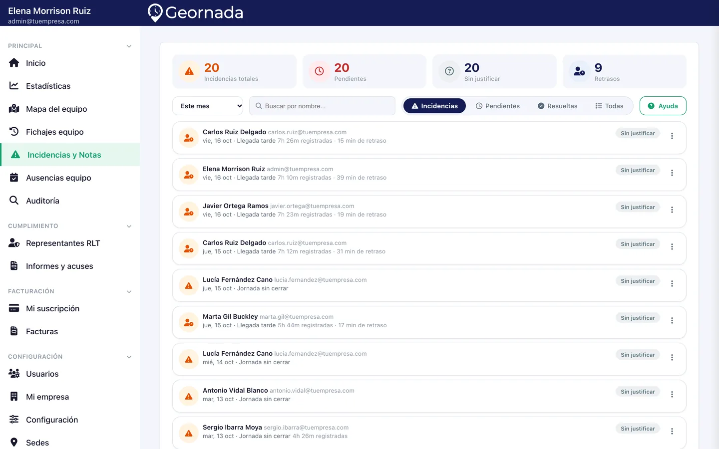 Panel de incidencias de fichaje del equipo en Geornada
