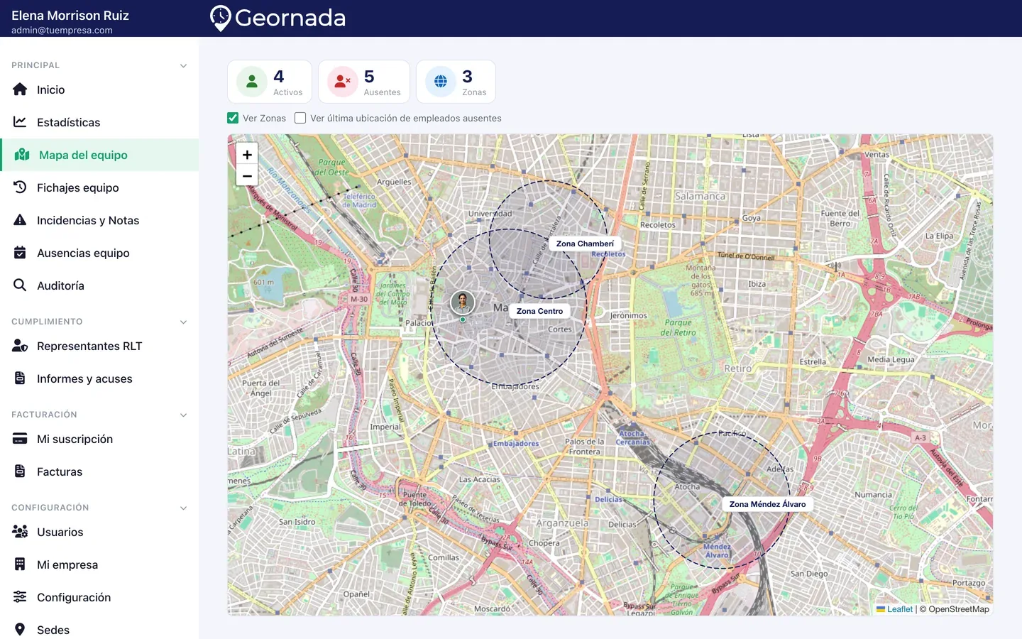 Mapa del equipo con zonas de fichaje y personas activas en Geornada | Geornada