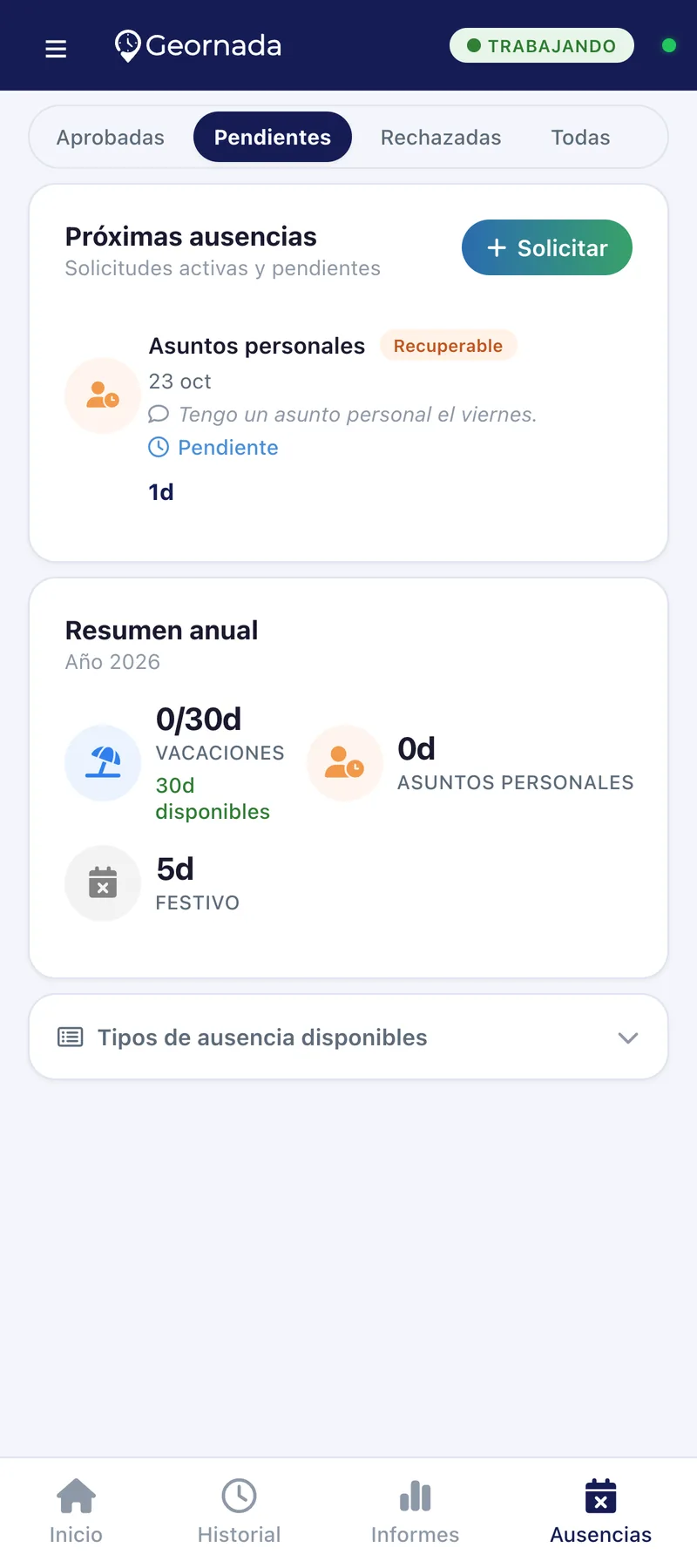 Solicitud de vacaciones pendiente y saldo anual en la app de Geornada | Geornada