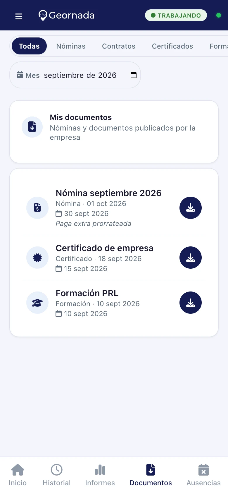Mis documentos con la última nómina en el portal del empleado de Geornada | Geornada