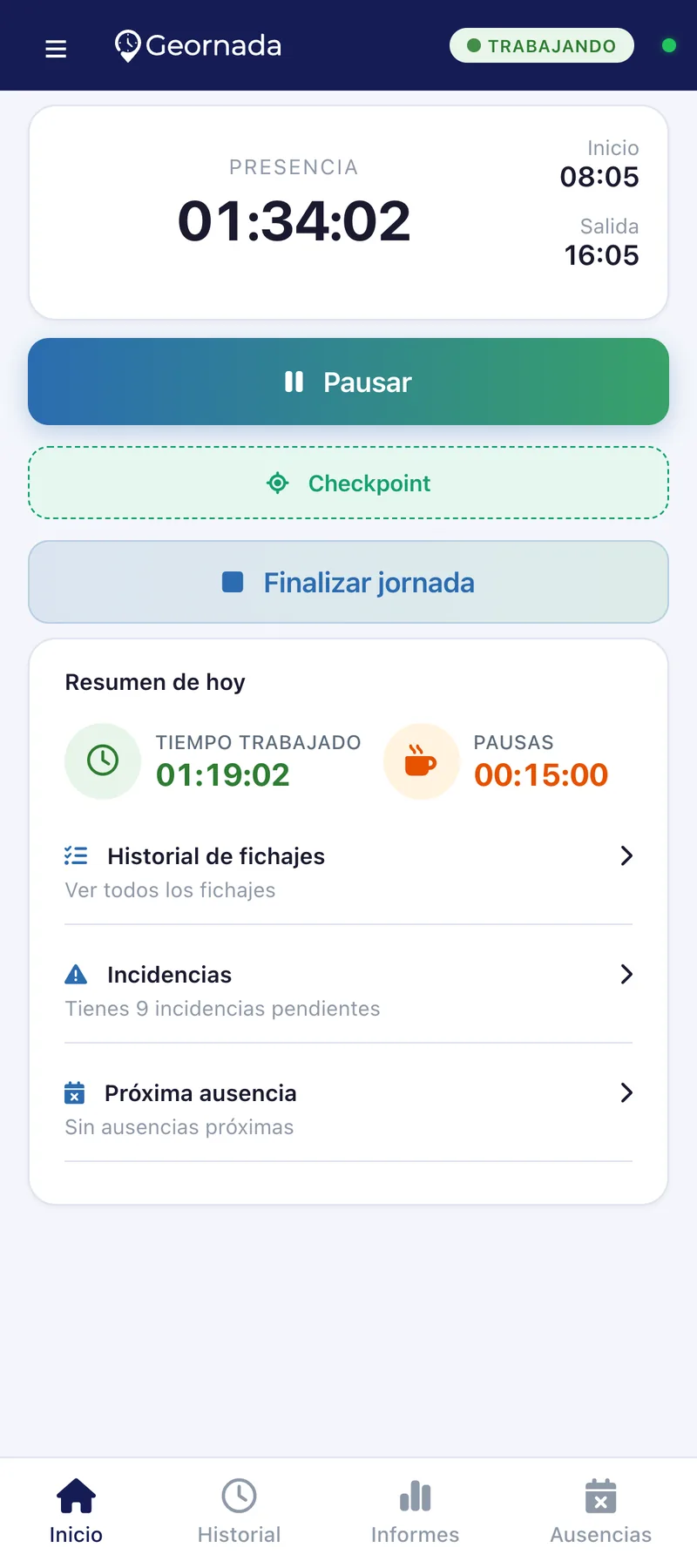 Fichaje desde el móvil en el portal del empleado de Geornada | Geornada