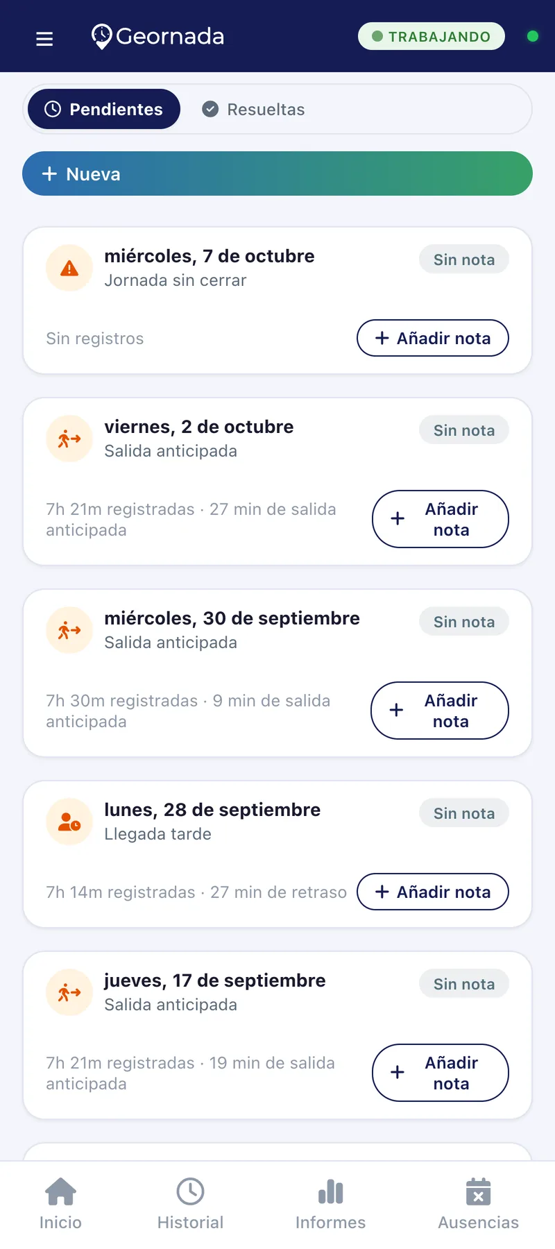 Incidencias de fichaje pendientes con su detalle en la app de Geornada | Geornada