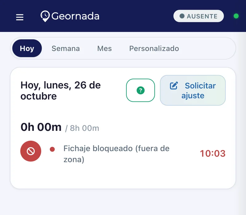 Historial del empleado con un fichaje bloqueado por estar fuera de zona en Geornada | Geornada