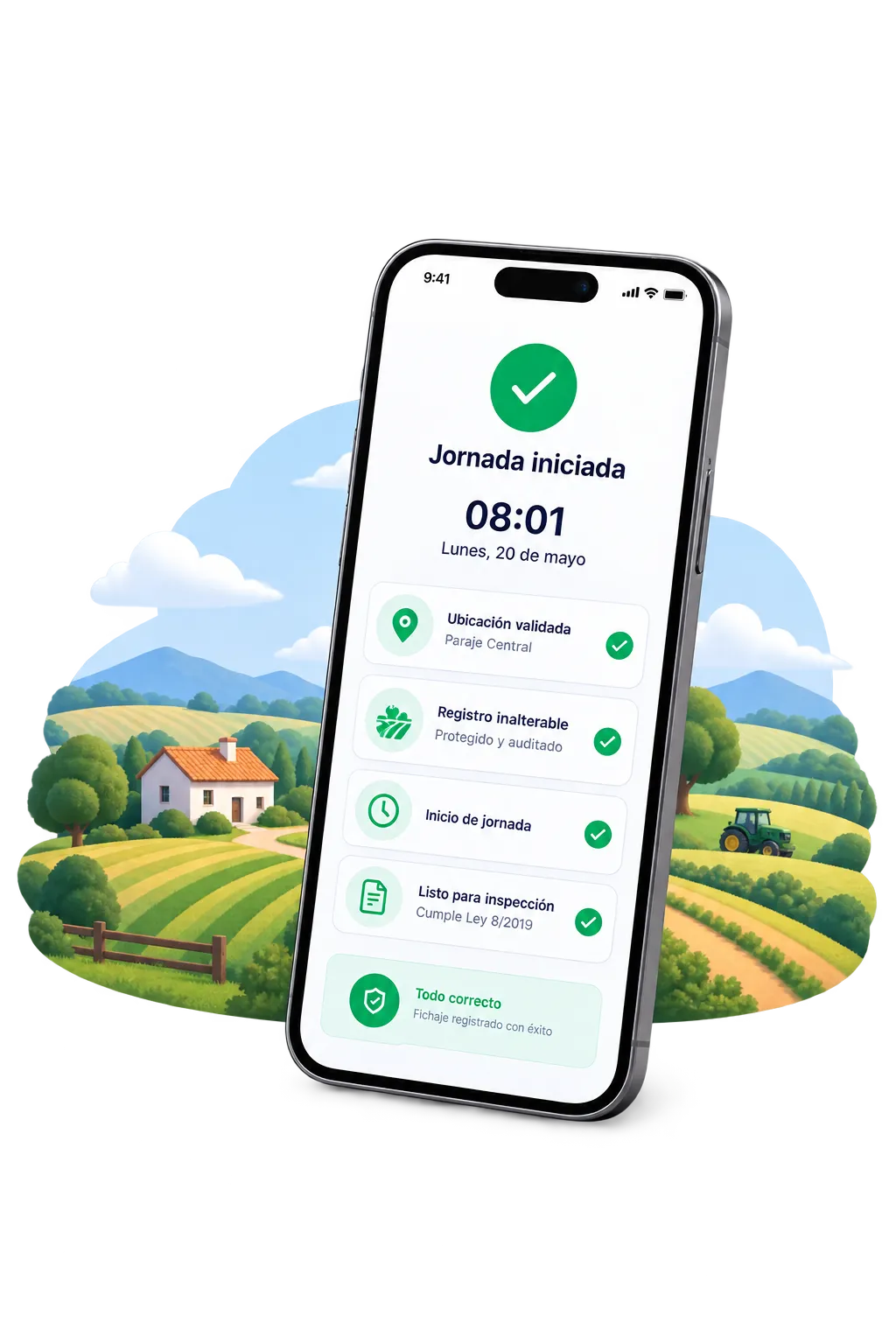 App Geornada mostrando jornada iniciada con fichaje geolocalizado en el campo | Geornada
