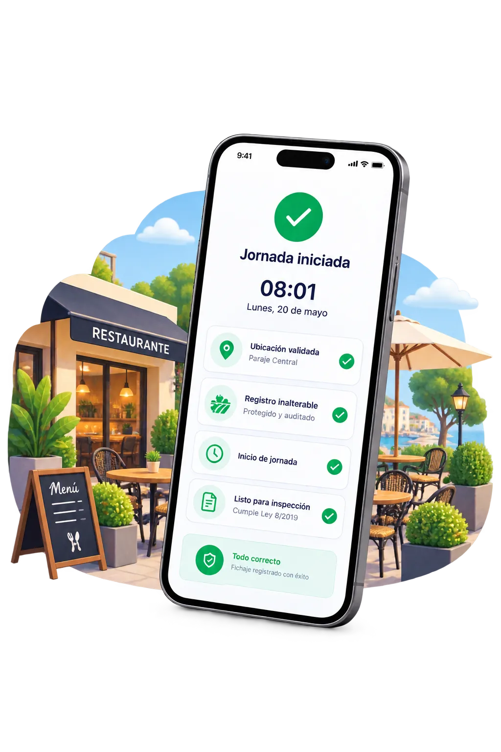 App Geornada mostrando jornada iniciada con fichaje geolocalizado en restaurante | Geornada
