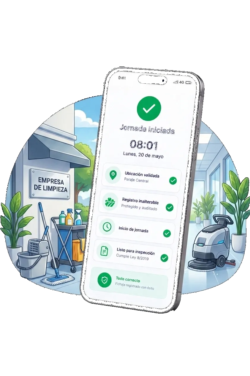 App Geornada mostrando jornada iniciada con fichaje geolocalizado en centro de limpieza | Geornada