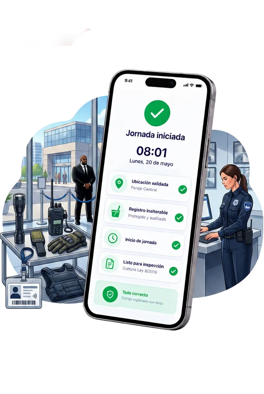 App Geornada mostrando jornada iniciada con fichaje geolocalizado en centro de seguridad | Geornada