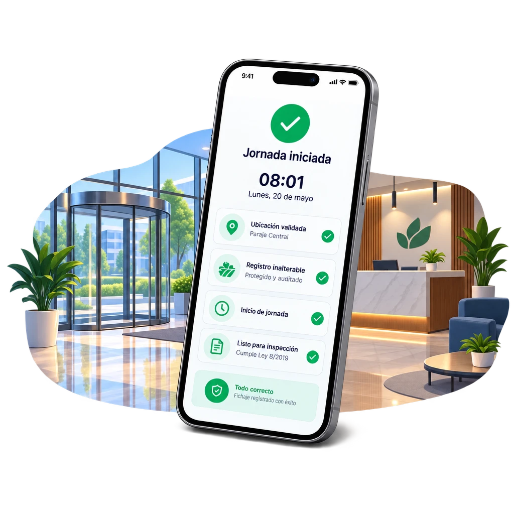 App Geornada mostrando jornada iniciada con fichaje geolocalizado en instalación de cliente | Geornada