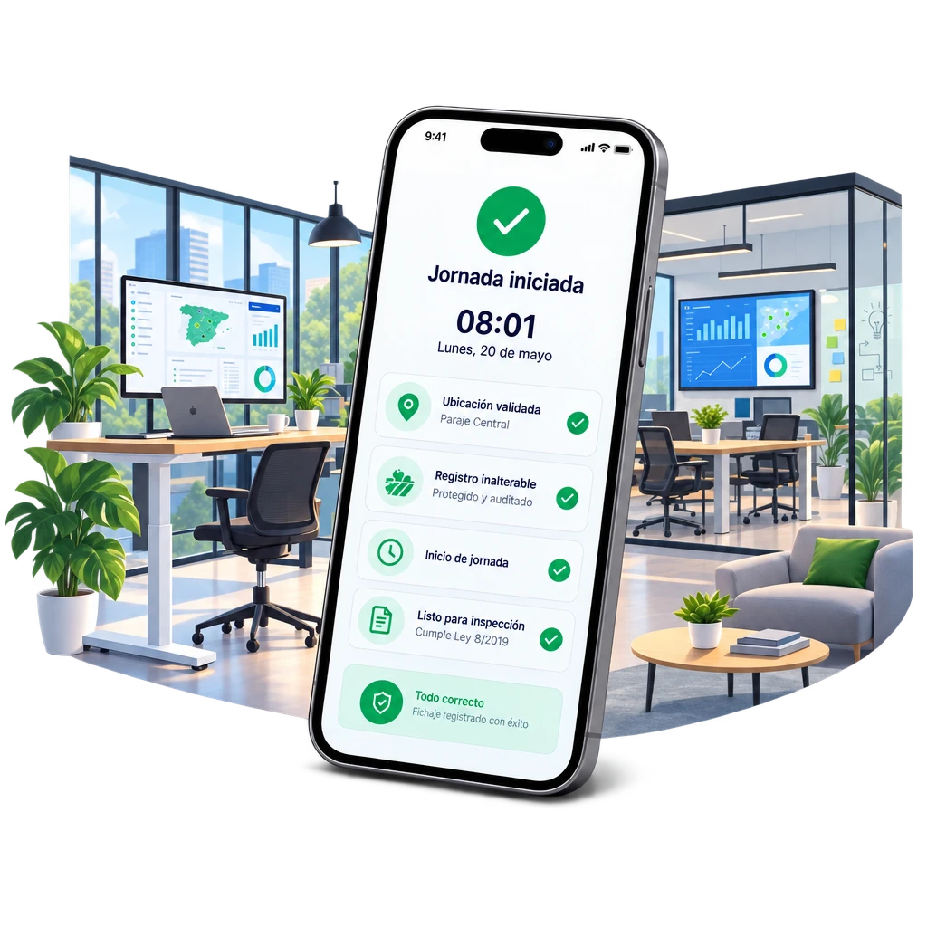 App Geornada mostrando jornada iniciada con fichaje registrado en teletrabajo | Geornada