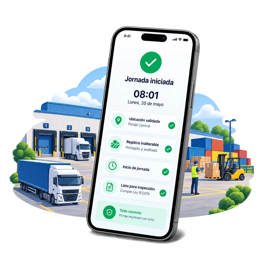 App Geornada mostrando jornada iniciada con fichaje geolocalizado en transporte | Geornada