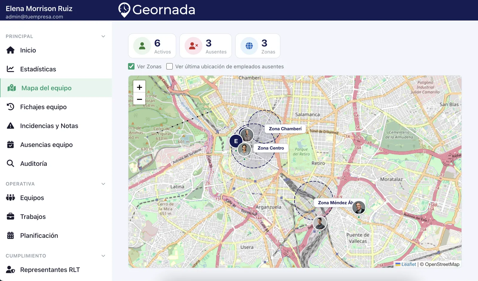 Mapa del equipo en la aplicación Geornada con trabajadores y zonas de fichaje | Geornada