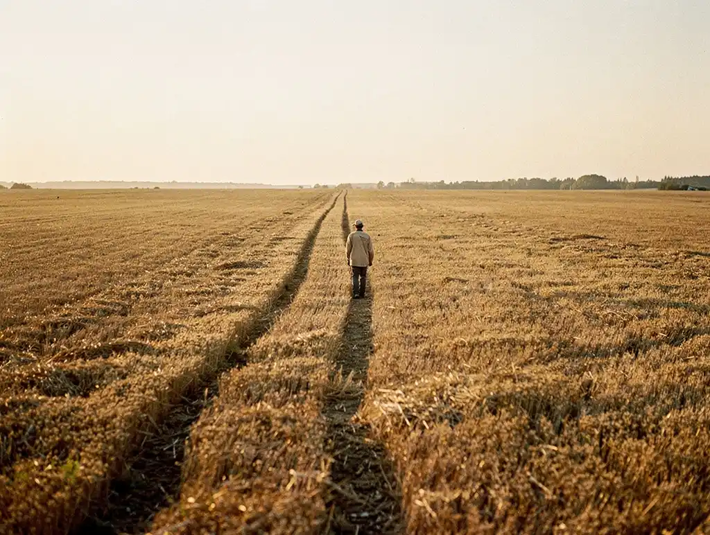 Campo abierto con trabajador agrícola y tractor al fondo | Geornada