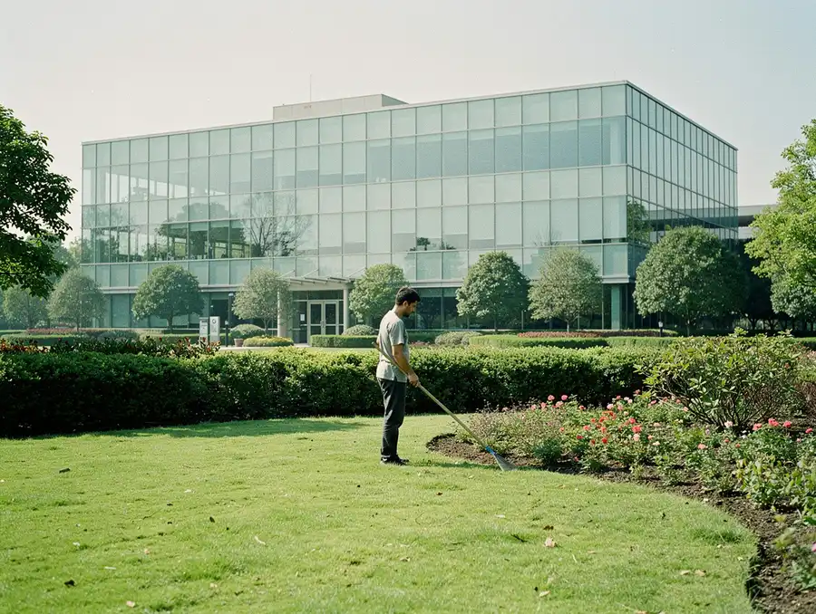 Zona verde corporativa con edificio de oficinas y jardines sostenibles