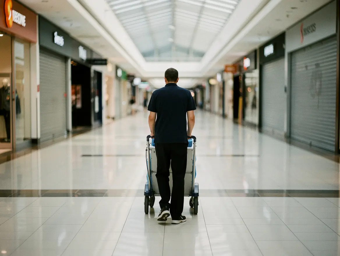 Pasillo de centro comercial con empleada de limpieza fregando el suelo | Geornada